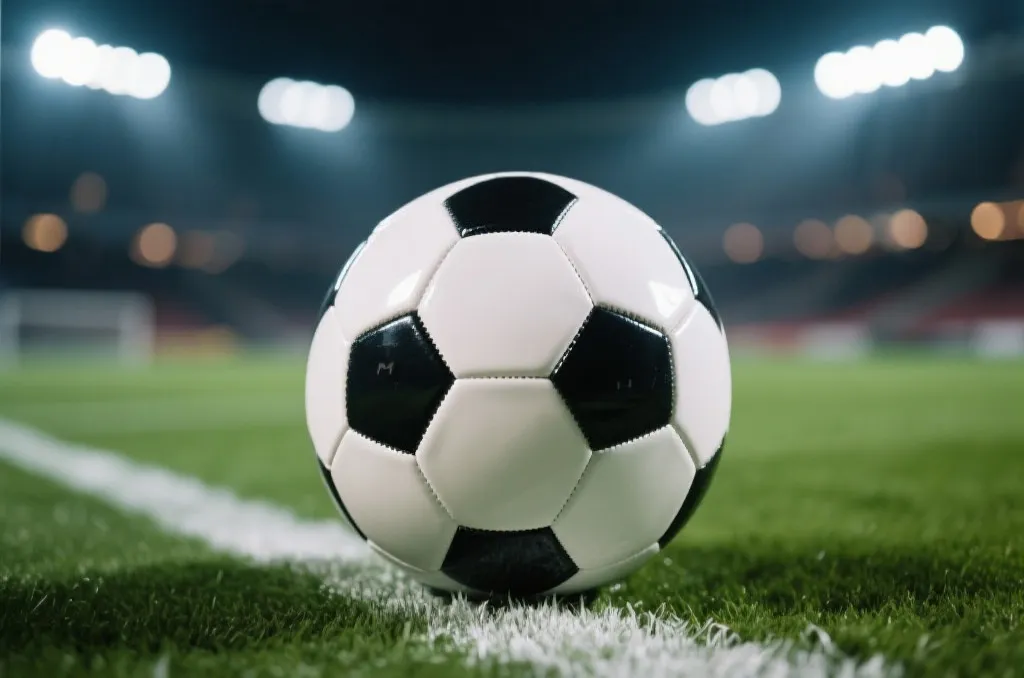A close-up of a modern football on a pristine pitch with stadium lights softly blurred in the background, editorial style